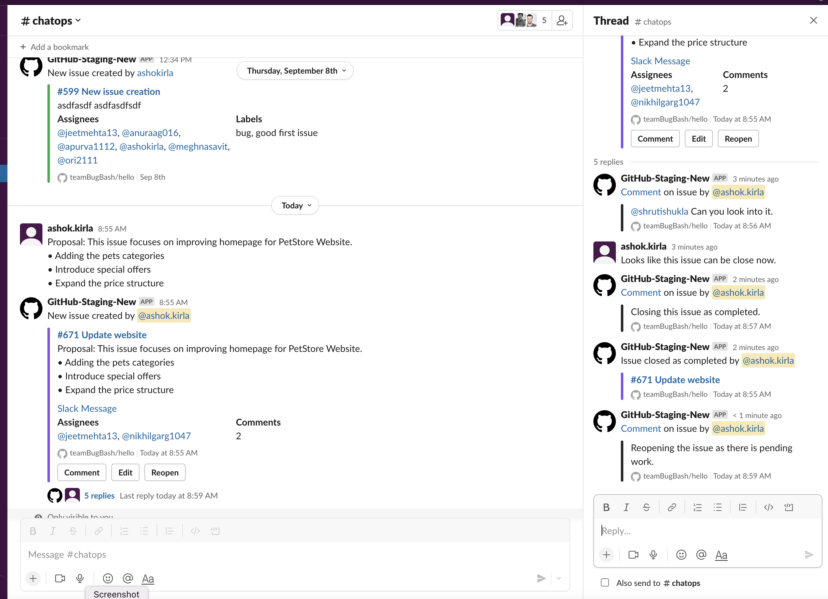 GitHub documentation screenshot showing issue 671, Update website, in a Slack channel alongside its thread with comments and close and reopen updates.