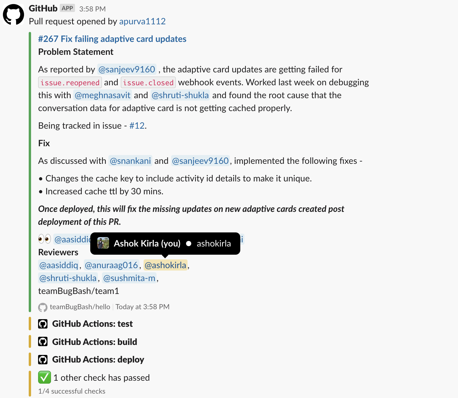 GitHub app notification for PR 267, Fix failing adaptive card updates, showing the PR description, reviewer mentions and four checks.